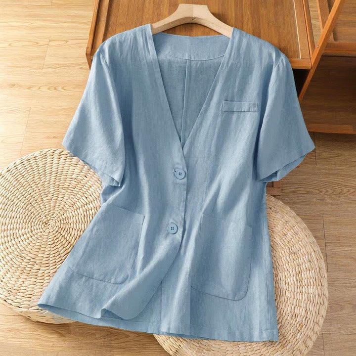 Buddha Stones Camicia da donna estiva casual a maniche corte con scollo a V e tasche, tinta unita. - Blu acciaio chiaro - US8-10, UK/AU12-14, EU40-42 (2XL) - image 9