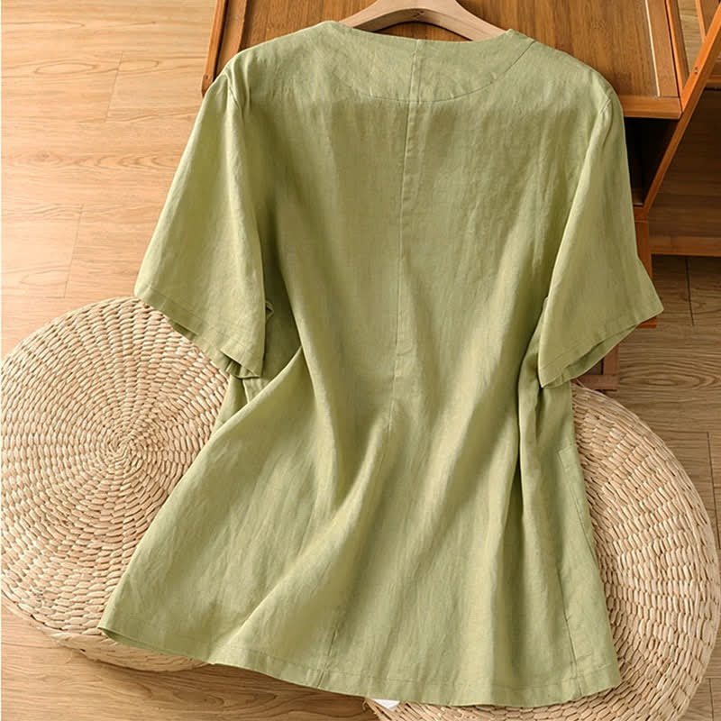 Buddha Stones Camicia da donna estiva casual a maniche corte con scollo a V e tasche, tinta unita. - image 1