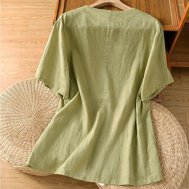 Buddha Stones Camicia da donna estiva casual a maniche corte con scollo a V e tasche, tinta unita. - image 1