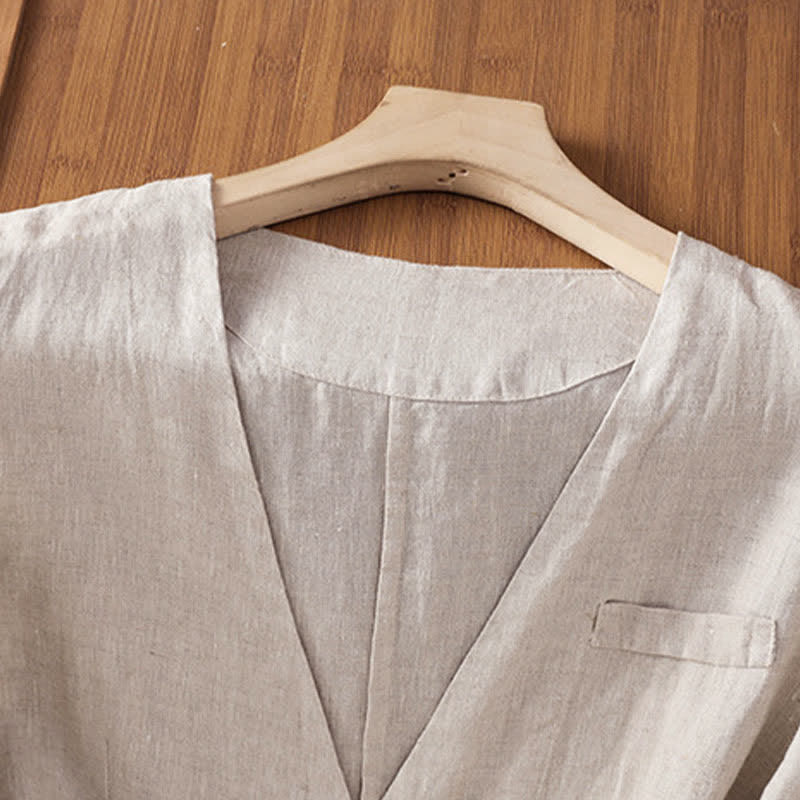 Buddha Stones Camicia da donna estiva casual a maniche corte con scollo a V e tasche, tinta unita. - image 19