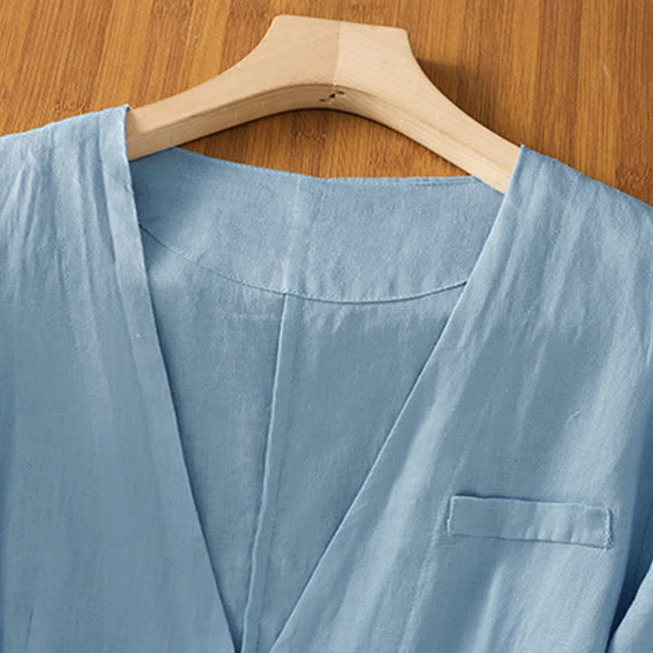 Buddha Stones Camicia da donna estiva casual a maniche corte con scollo a V e tasche, tinta unita. - image 11