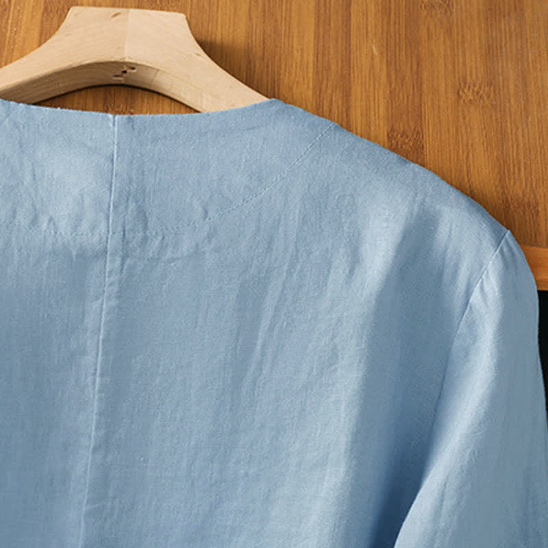Buddha Stones Camicia da donna estiva casual a maniche corte con scollo a V e tasche, tinta unita. - image 12