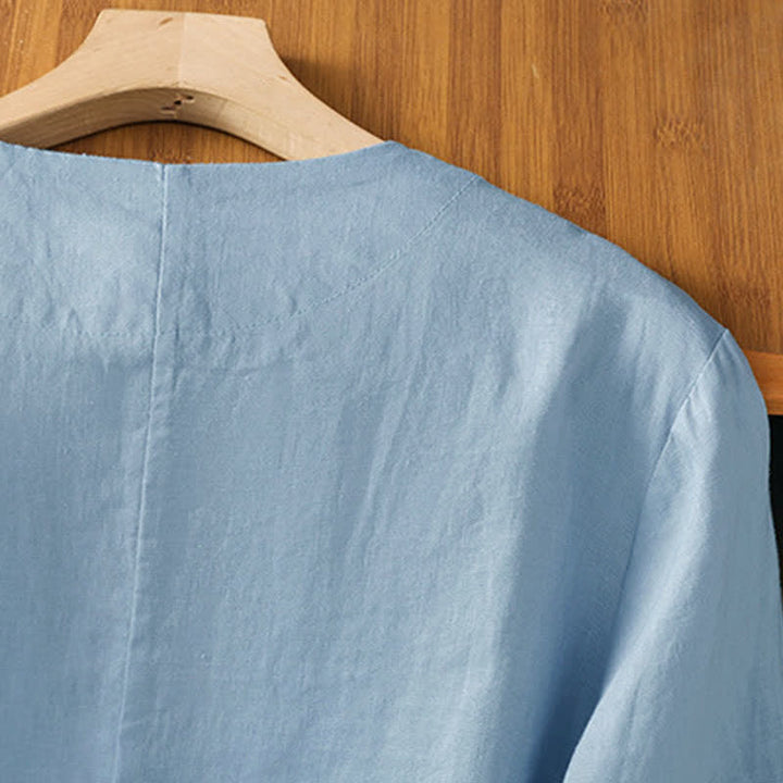 Buddha Stones Camicia da donna estiva casual a maniche corte con scollo a V e tasche, tinta unita. - image 12