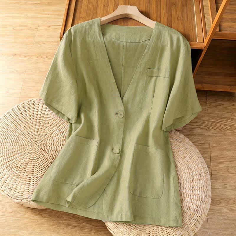 Buddha Stones Camicia da donna estiva casual a maniche corte con scollo a V e tasche, tinta unita. - Verde pallido - US8-10, UK/AU12-14, EU40-42 (2XL) - image 0