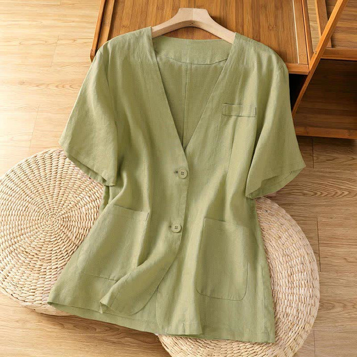 Buddha Stones Camicia da donna estiva casual a maniche corte con scollo a V e tasche, tinta unita. - Verde pallido - US8-10, UK/AU12-14, EU40-42 (2XL) - image 0