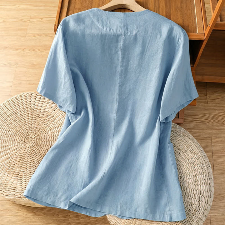 Buddha Stones Camicia da donna estiva casual a maniche corte con scollo a V e tasche, tinta unita. - image 10
