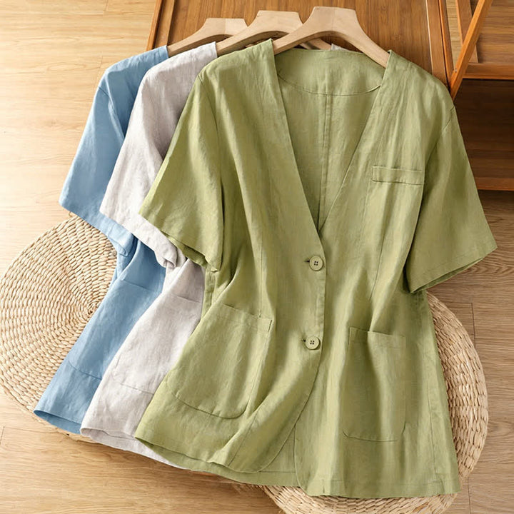 Buddha Stones Camicia da donna estiva casual a maniche corte con scollo a V e tasche, tinta unita. - image 26