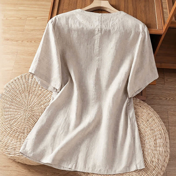 Buddha Stones Camicia da donna estiva casual a maniche corte con scollo a V e tasche, tinta unita. - image 18