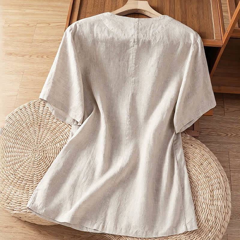 Buddha Stones Camicia da donna estiva casual a maniche corte con scollo a V e tasche, tinta unita. - image 18