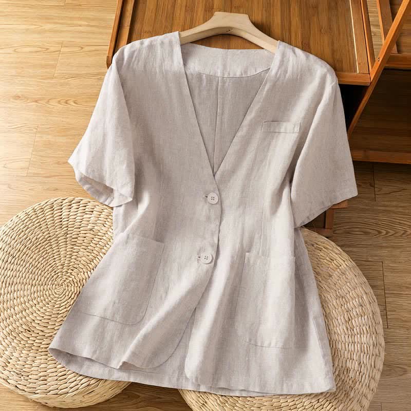 Buddha Stones Camicia da donna estiva casual a maniche corte con scollo a V e tasche, tinta unita. - Beige - US8-10, UK/AU12-14, EU40-42 (2XL) - image 17