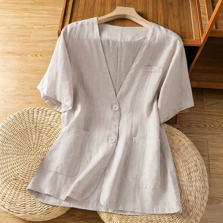 Buddha Stones Camicia da donna estiva casual a maniche corte con scollo a V e tasche, tinta unita. - Beige - US8-10, UK/AU12-14, EU40-42 (2XL) - image 17
