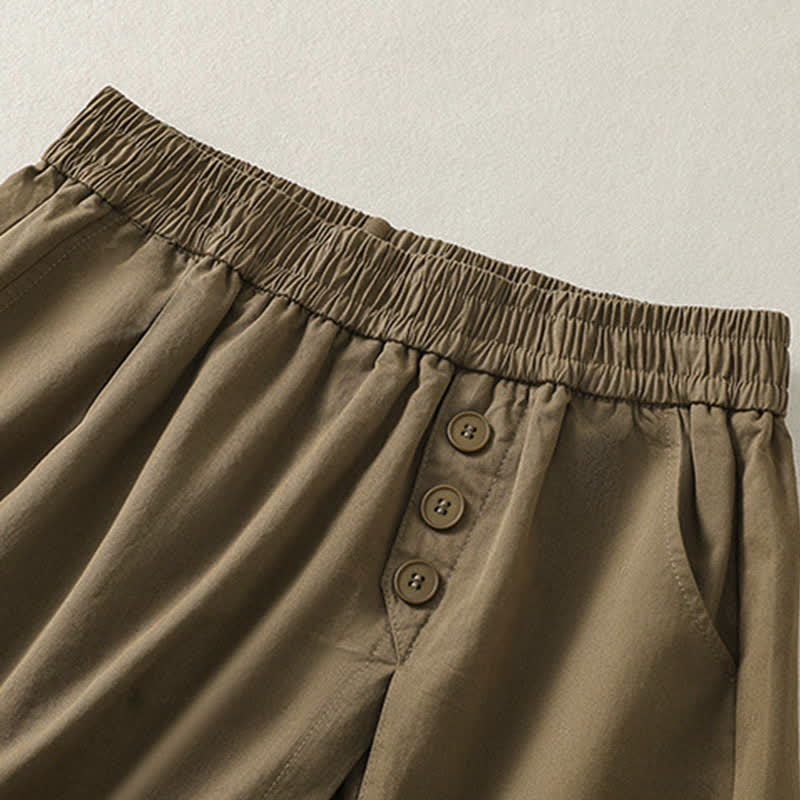 Buddha Stones Pantaloncini da donna estivi casual con bottoni decorativi, tinta unita e tasche. - image 2