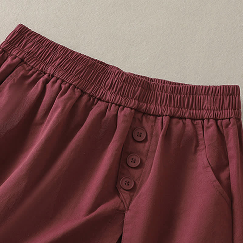Buddha Stones Pantaloncini da donna estivi casual con bottoni decorativi, tinta unita e tasche. - image 12
