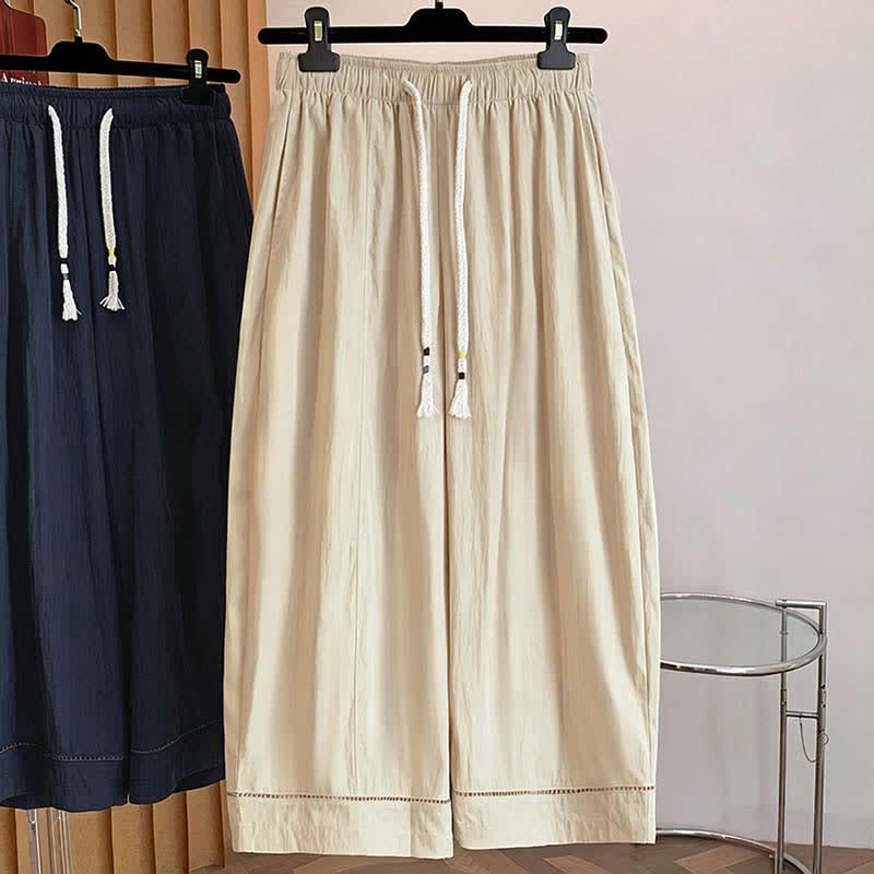 Buddha Stones Pantaloni da donna a gamba larga, corti, con coulisse, tinta unita, per primavera/estate, casual, estivi. - image 2