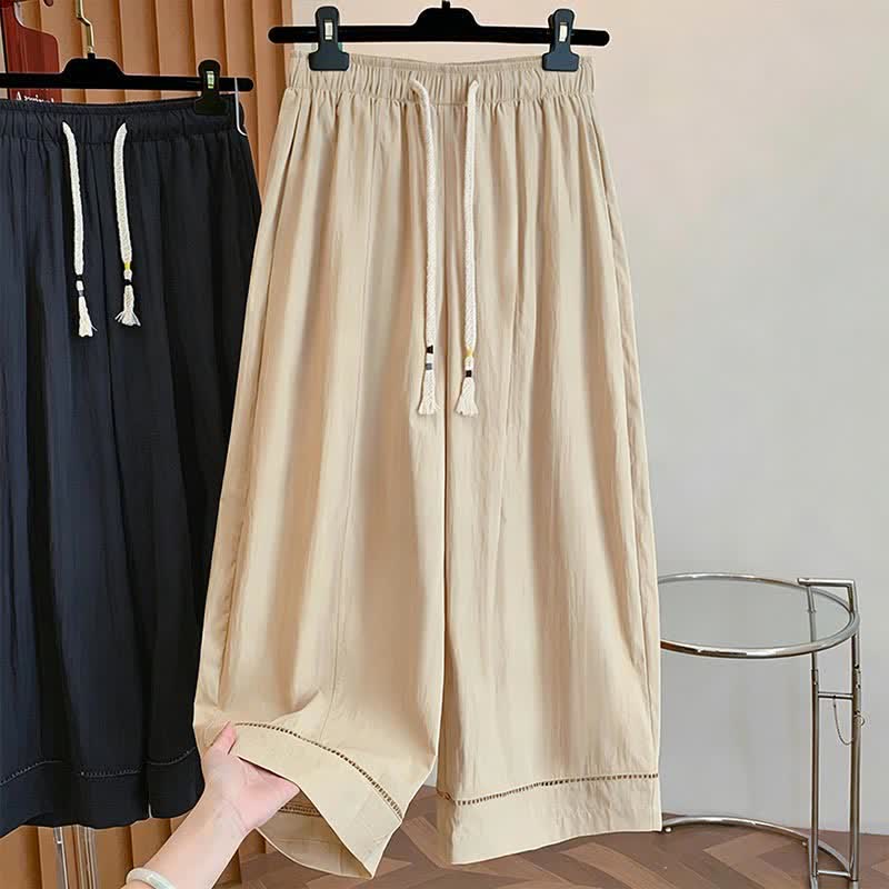 Buddha Stones Pantaloni da donna a gamba larga, corti, con coulisse, tinta unita, per primavera/estate, casual, estivi. - Cachi - US12, UK/AU16, EU44 (2XL) - image 0