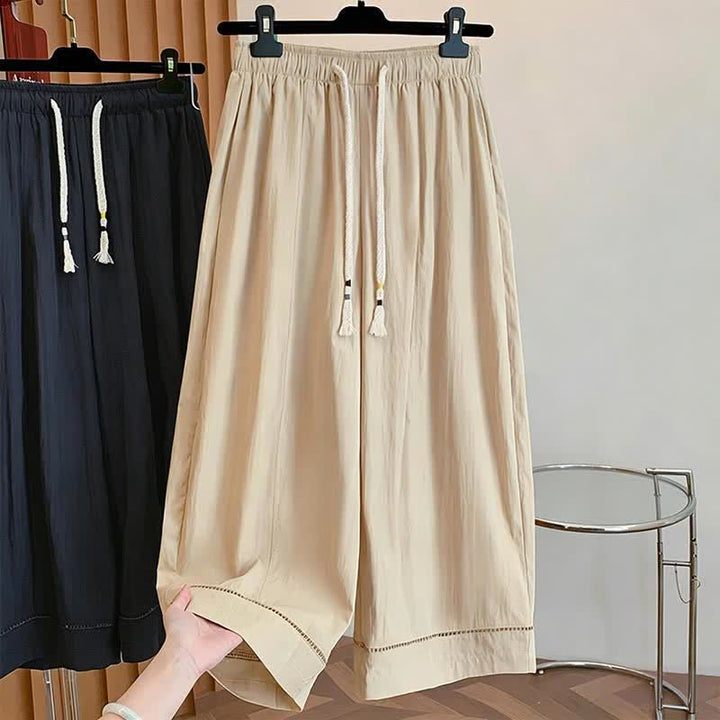 Buddha Stones Pantaloni da donna a gamba larga, corti, con coulisse, tinta unita, per primavera/estate, casual, estivi. - Cachi - US12, UK/AU16, EU44 (2XL) - image 0