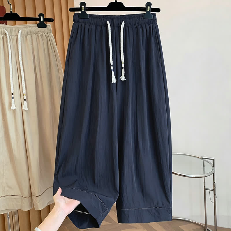 Buddha Stones Pantaloni da donna a gamba larga, corti, con coulisse, tinta unita, per primavera/estate, casual, estivi. - Blu mezzanotte - US12, UK/AU16, EU44 (2XL) - image 11