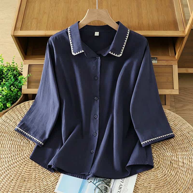 Buddha Stones Camicia da donna estiva casual minimalista a maniche corte con bottoni e linea ondulata. - Blu mezzanotte - US8-10, UK/AU12-14, EU40-42 (2XL) - image 0