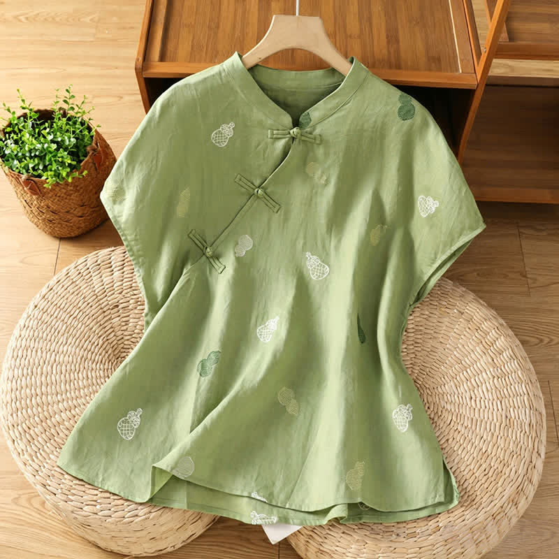 Buddha Stones Camicie da donna a maniche corte, stile estivo Tang, con colletto alla coreana, bottoni a rana e ricami a zucca. - Verde Mare Scuro - US12, UK/AU16, EU44 (2XL) - image 0