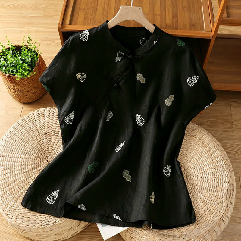 Buddha Stones Camicie da donna a maniche corte, stile estivo Tang, con colletto alla coreana, bottoni a rana e ricami a zucca. - Nero - US12, UK/AU16, EU44 (2XL) - image 7