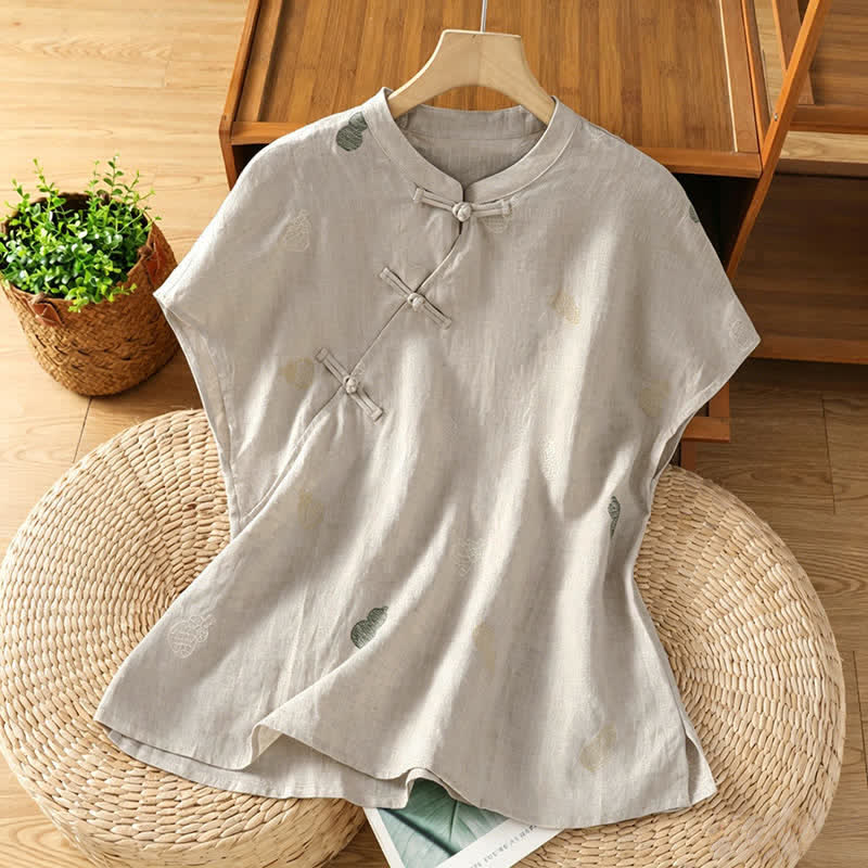 Buddha Stones Camicie da donna a maniche corte, stile estivo Tang, con colletto alla coreana, bottoni a rana e ricami a zucca. - Biancheria - US12, UK/AU16, EU44 (2XL) - image 12