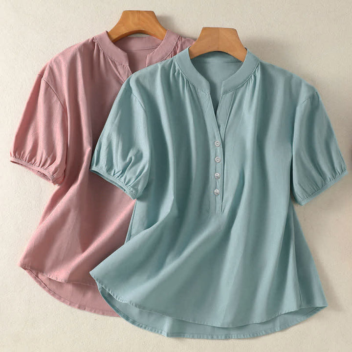 Buddha Stones Camicia da donna estiva casual a maniche corte con colletto alla coreana, mezzo bottone e maniche a sbuffo, tinta unita. - image 15