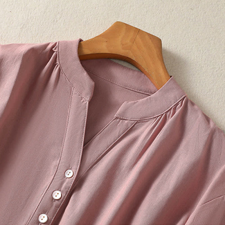 Buddha Stones Camicia da donna estiva casual a maniche corte con colletto alla coreana, mezzo bottone e maniche a sbuffo, tinta unita. - image 10
