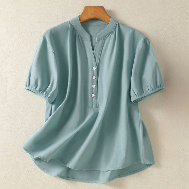 Buddha Stones Camicia da donna estiva casual a maniche corte con colletto alla coreana, mezzo bottone e maniche a sbuffo, tinta unita. - Cadetto Blu - US8-10, UK/AU12-14, EU40-42 (2XL) - image 0