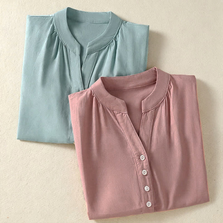Buddha Stones Camicia da donna estiva casual a maniche corte con colletto alla coreana, mezzo bottone e maniche a sbuffo, tinta unita. - image 16