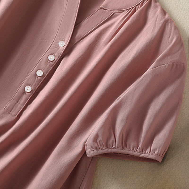 Buddha Stones Camicia da donna estiva casual a maniche corte con colletto alla coreana, mezzo bottone e maniche a sbuffo, tinta unita. - image 12
