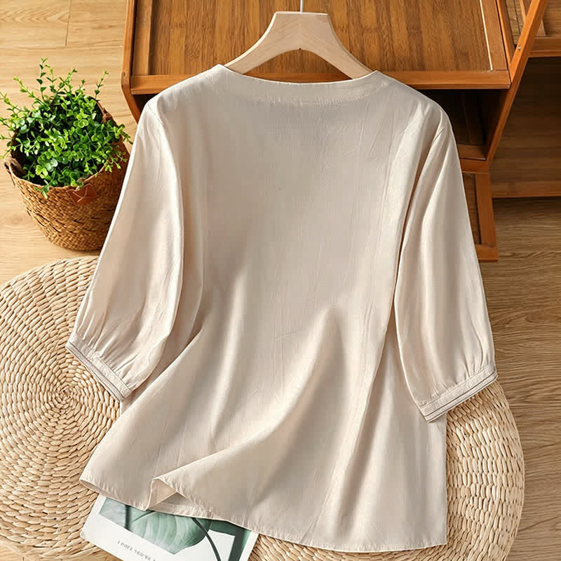 Buddha Stones Camicia da donna a maniche corte, tinta unita, con ricami geometrici, in stile vintage estivo. - image 1