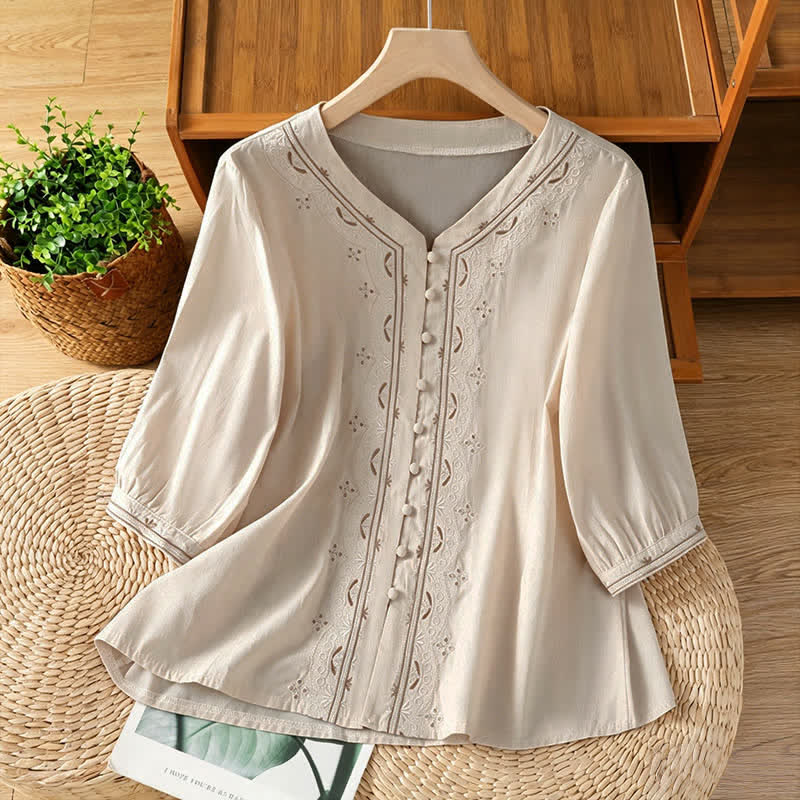Buddha Stones Camicia da donna a maniche corte, tinta unita, con ricami geometrici, in stile vintage estivo. - Bianco antico - US8-10, UK/AU12-14, EU40-42 (2XL) - image 0