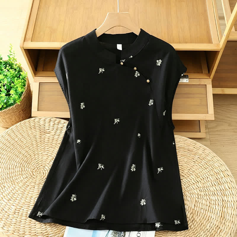 Buddha Stones Canotta estiva vintage stile Tang con colletto alla coreana, ricami floreali e piccoli dettagli, senza maniche, da donna. - Nero - US12, UK/AU16, EU44 (2XL) - image 0