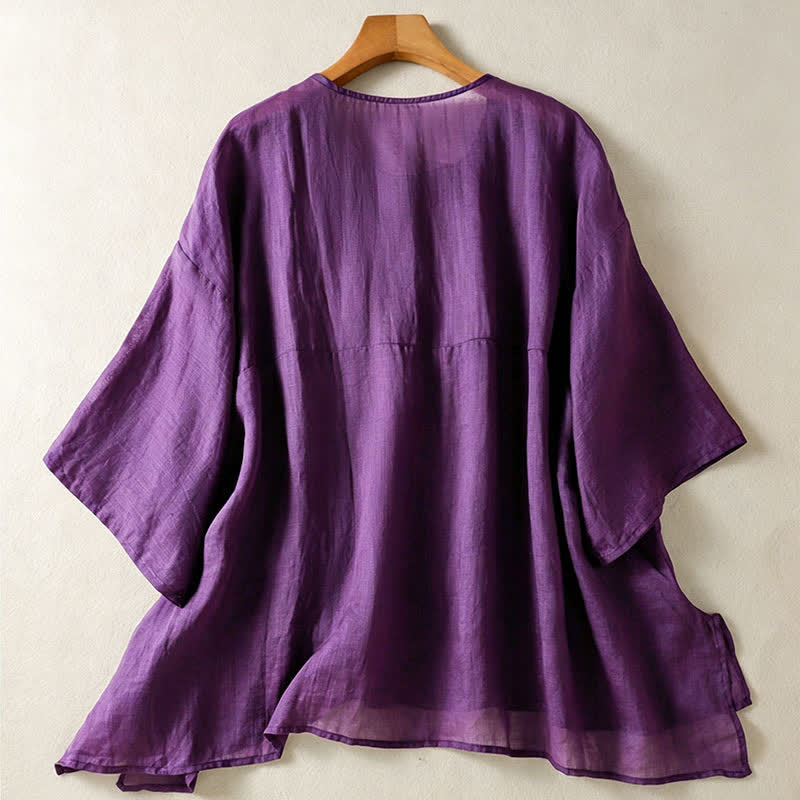 Buddha Stones Camicia da donna estiva casual boho con tasca applicata, mezzo bottone e maniche a campana, tinta unita. - image 1