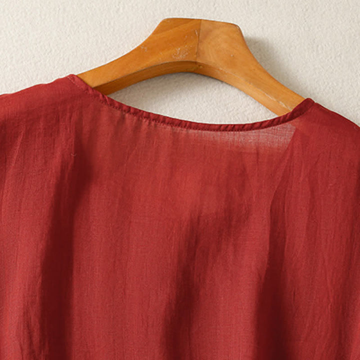 Buddha Stones Camicia da donna estiva casual boho con tasca applicata, mezzo bottone e maniche a campana, tinta unita. - image 11
