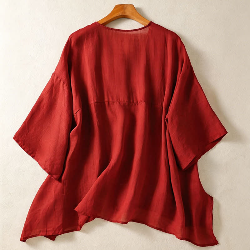 Buddha Stones Camicia da donna estiva casual boho con tasca applicata, mezzo bottone e maniche a campana, tinta unita. - image 9