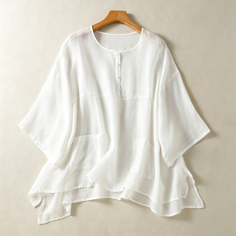 Buddha Stones Camicia da donna estiva casual boho con tasca applicata, mezzo bottone e maniche a campana, tinta unita. - Bianco - US14, UK/AU18, EU46 (2XL) - image 16