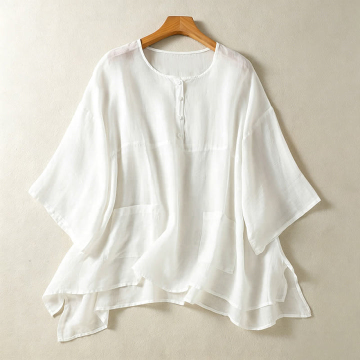 Buddha Stones Camicia da donna estiva casual boho con tasca applicata, mezzo bottone e maniche a campana, tinta unita. - Bianco - US14, UK/AU18, EU46 (2XL) - image 16