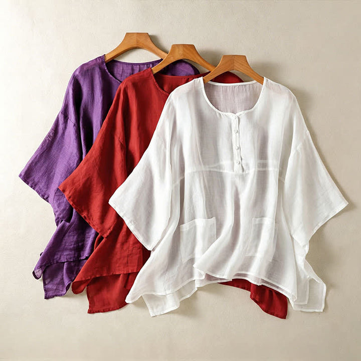 Buddha Stones Camicia da donna estiva casual boho con tasca applicata, mezzo bottone e maniche a campana, tinta unita. - image 24