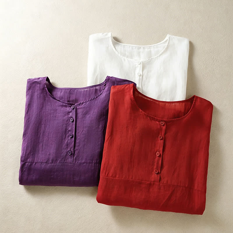 Buddha Stones Camicia da donna estiva casual boho con tasca applicata, mezzo bottone e maniche a campana, tinta unita. - image 25