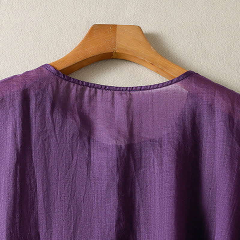 Buddha Stones Camicia da donna estiva casual boho con tasca applicata, mezzo bottone e maniche a campana, tinta unita. - image 3