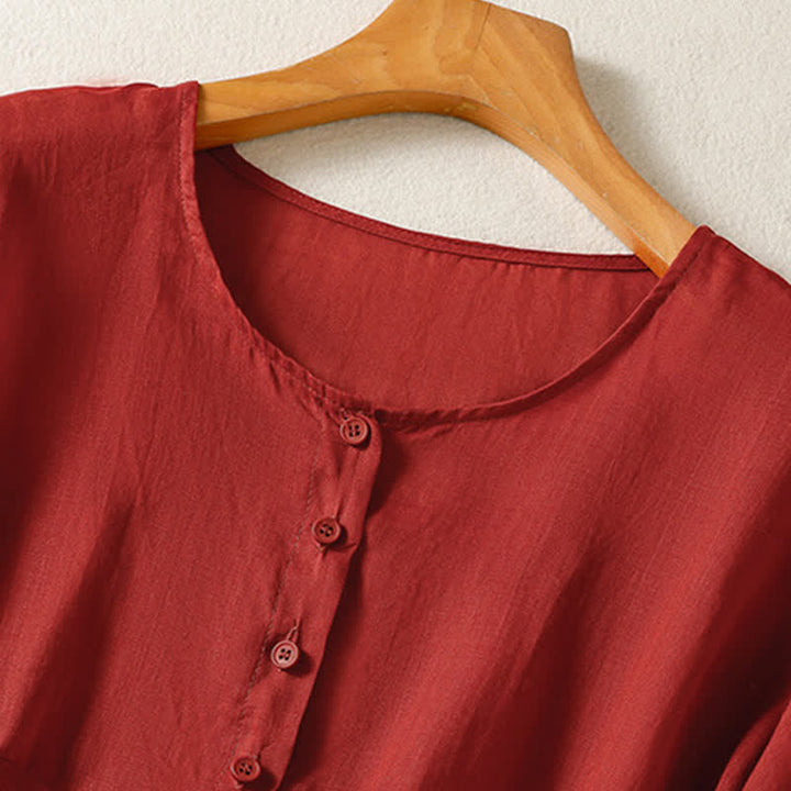 Buddha Stones Camicia da donna estiva casual boho con tasca applicata, mezzo bottone e maniche a campana, tinta unita. - image 10