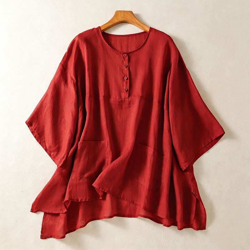 Buddha Stones Camicia da donna estiva casual boho con tasca applicata, mezzo bottone e maniche a campana, tinta unita. - mattone refrattario - US14, UK/AU18, EU46 (2XL) - image 8
