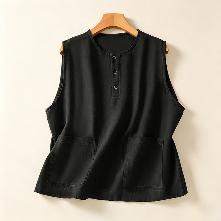 Buddha Stones Camicia senza maniche da donna estiva, casual, minimalista, con bottoni e tasca applicata. - Nero - US12, UK/AU16, EU44 (2XL) - image 7