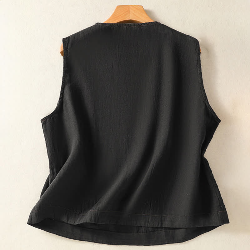 Buddha Stones Camicia senza maniche da donna estiva, casual, minimalista, con bottoni e tasca applicata. - image 8