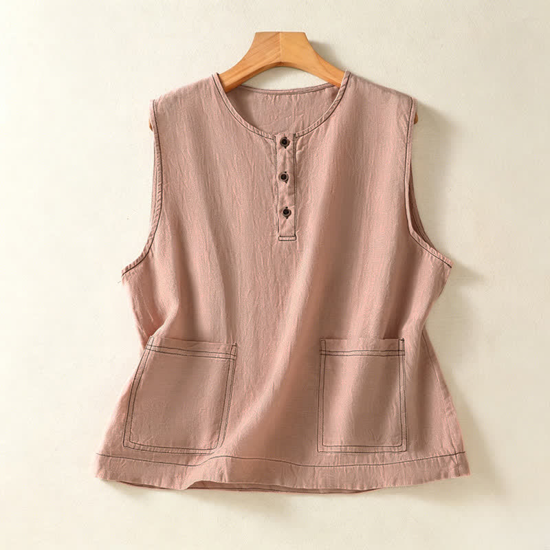 Buddha Stones Camicia senza maniche da donna estiva, casual, minimalista, con bottoni e tasca applicata. - Marrone rosa - US12, UK/AU16, EU44 (2XL) - image 26
