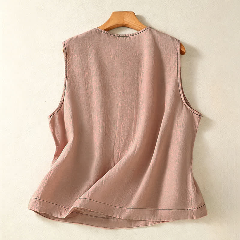 Buddha Stones Camicia senza maniche da donna estiva, casual, minimalista, con bottoni e tasca applicata. - image 27