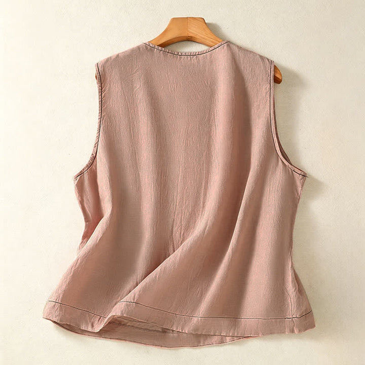 Buddha Stones Camicia senza maniche da donna estiva, casual, minimalista, con bottoni e tasca applicata. - image 27