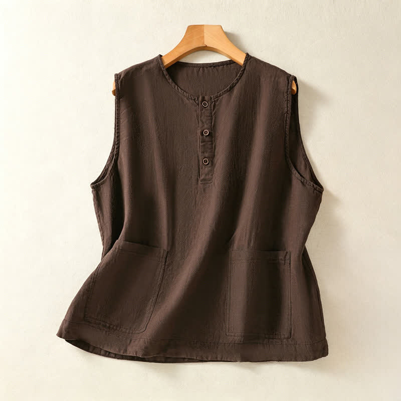 Buddha Stones Camicia senza maniche da donna estiva, casual, minimalista, con bottoni e tasca applicata. - Marrone sella - US12, UK/AU16, EU44 (2XL) - image 20