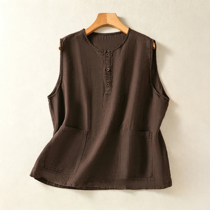 Buddha Stones Camicia senza maniche da donna estiva, casual, minimalista, con bottoni e tasca applicata. - Marrone sella - US12, UK/AU16, EU44 (2XL) - image 20